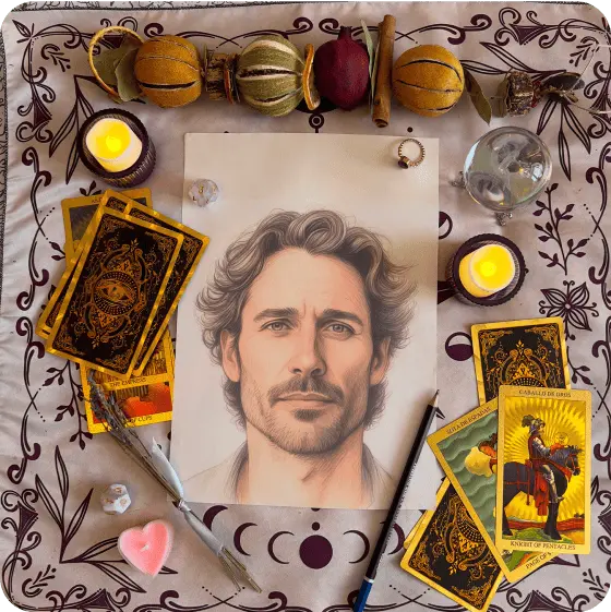 Eva Bloom hand-drawn soulmate sketch portrait on mystical altar with tarot cards and candles