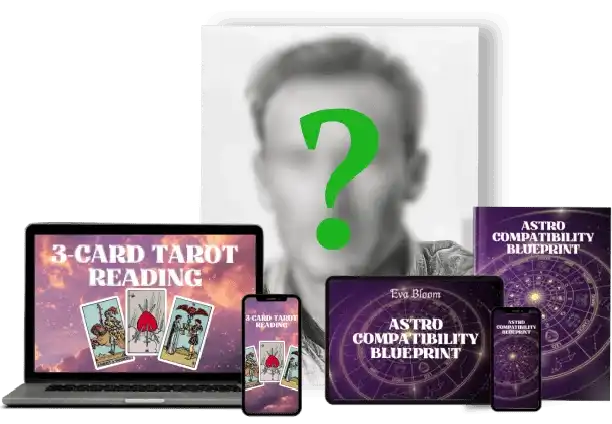 Eva Bloom Soulmate Sketch complete bundle - hand-drawn portrait, 3-card tarot reading, and astro compatibility blueprint