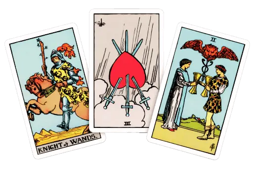 3-Card Tarot Love Reading free bonus with Knight of Wands, Three of Swords, and Two of Cups tarot cards