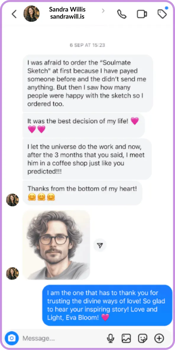 Real conversation from Sandra Willis sharing her soulmate sketch experience with Eva Bloom