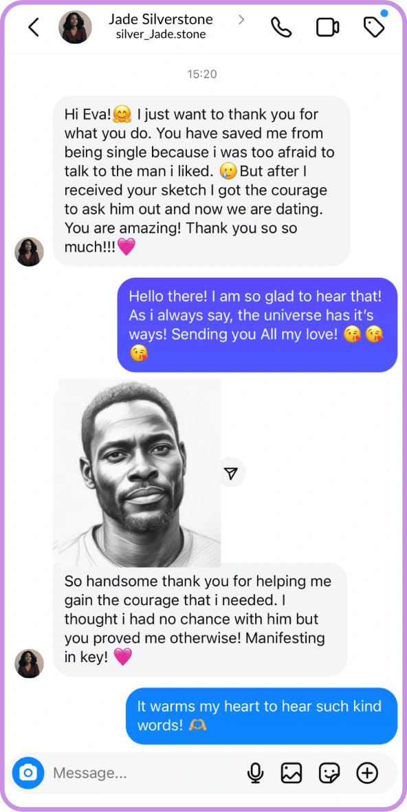 Real conversation from Jade Silverstone finding courage and love through Eva Bloom's soulmate sketch
