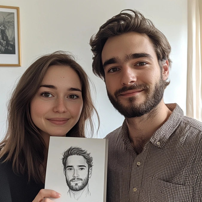 Happy couple holding Eva Bloom soulmate sketch portrait