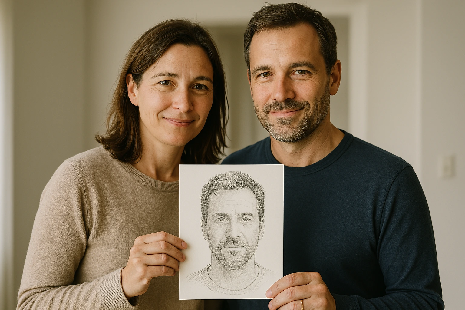 Couple holding Eva Bloom hand-drawn soulmate portrait sketch